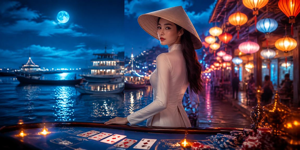 Bàn baccarat tại Côn Đảo với người chơi mang nón lá truyền thống trong buổi tối