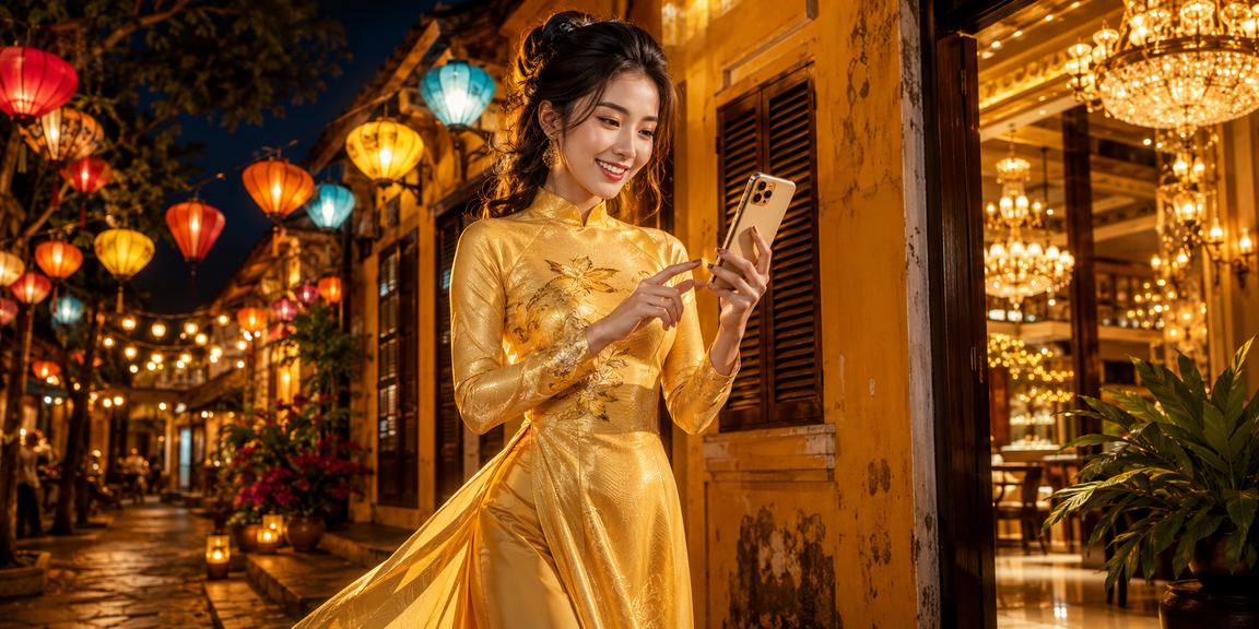 Người chơi slot game tại Hội An mặc áo dài truyền thống với điện thoại di động