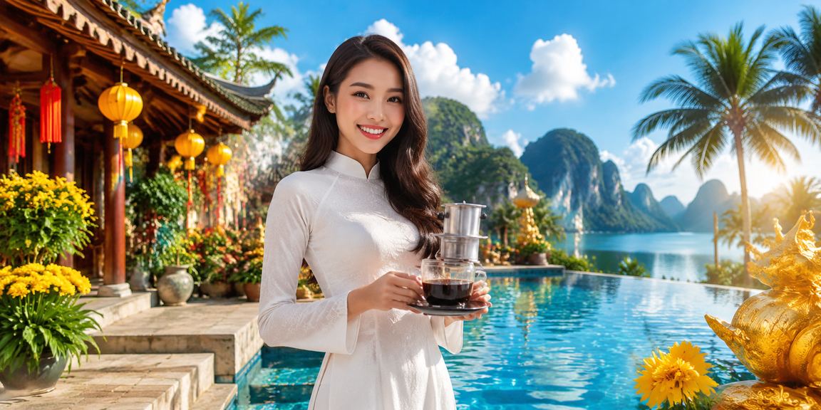 Cảnh quan Ninh Bình với người chơi mặc áo dài theo dõi kết quả cược trên điện thoại